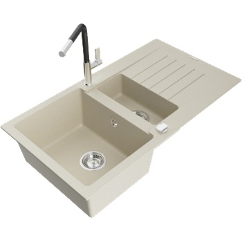 Mexen Matias гранитна мивка 1, 5 камери с отцедник и кухненски смесител Flora, бежов - 6502-69-670401-07 (6502-69-670401-07)