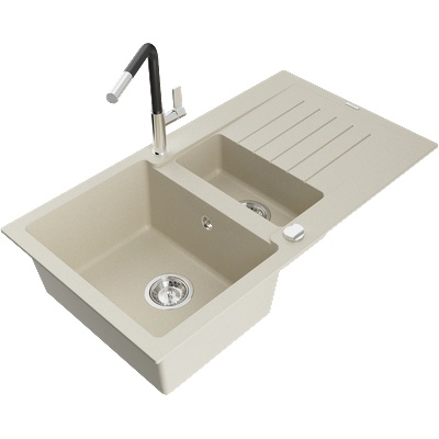 Mexen Matias гранитна мивка 1, 5 камери с отцедник и кухненски смесител Flora, бежов - 6502-69-670401-07 (6502-69-670401-07)