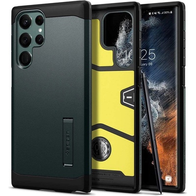 Spigen Tough Armor Case - хибриден кейс с най-висока степен на защита за Samsung Galaxy S22 Ultra (тъмнозелен)