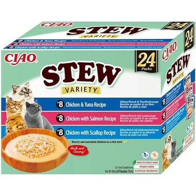 INABA Cat Ciao Stew Creamy Variety mix pamlsků s kuřecím masem, rybou a hřebenatkami v krémové omáčce 24 x 40 g