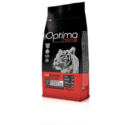 OPTIMA NOVA CAT Mature Chicken&Rise (пиле и ориз) 75% месо Хипоалергична, Суперпремуим храна за ВЪЗРАСТНИ котки от всички породи над 7 години 8 кг