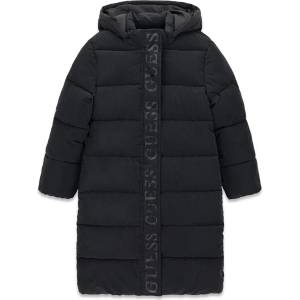 GUESS Дълго детско зимно яке в черно с качулка и лого лента Guess