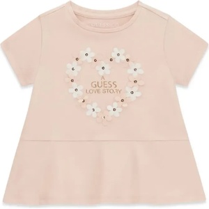 GUESS Свободна розова тениска за мини момиче с цветчета и надпис Guess