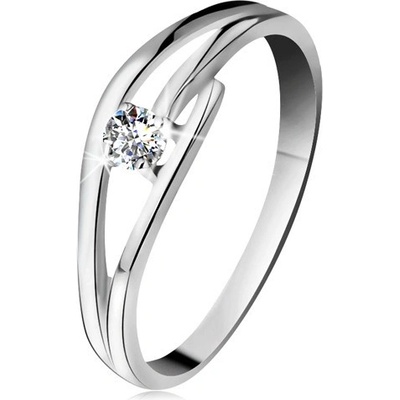 Šperky eshop prsten z bílého zlata 585 s třpytivým diamantem rozdělená zvlněná ramena BT178.70