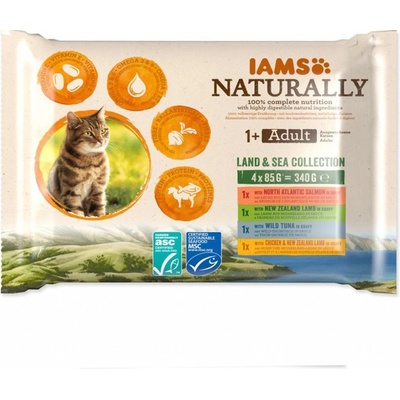 IAMS Cat Naturally výber z morských a suchozemských más v omáčke multipack 4 x 85 g