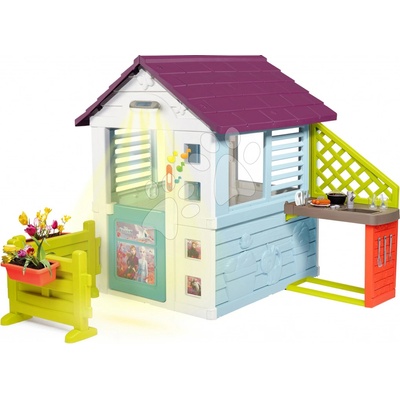 Smoby Domeček Frozen Disney Playhouse s kuchyňkou a plotem pod světlem