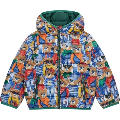 GUESS Преходно яке за мини момче с цветни мечета, несваляема качулка и зелени кантове Guess