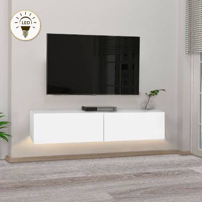TopMebel Аристо меламинов стенен ТВ шкаф с LED осветление в бял цвят 135x31.6x25см