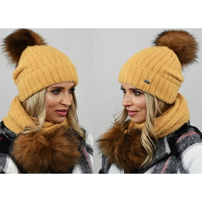 Fashionweek exkluzivní alpakový zimní set čepice a šála s bambulkami Jenot Zizi-AL4 Hořčičný