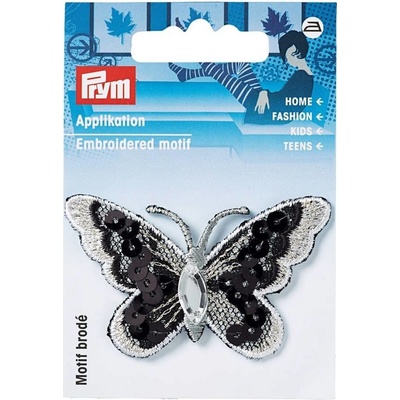 PRYM Nášivka motýľ s flitrami, nažehľovacia, čierna/biela