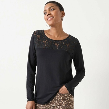 Blancheporte Tričko s okrúhlym výstrihom dlhými rukávmi a čipkou čierna