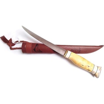 WOOD JEWEL filetovací nůž dřevo kadeřavé břízy paroh kožené pouzdro 16 cm