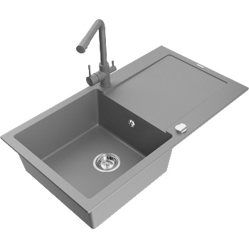 Mexen Leo гранитна мивка с 1 корито със сушилня и кухненски смесител Duero, сив - 6501-71-671600-71 (6501-71-671600-71)