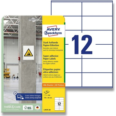 Avery Zweckform L7875-20 etikety s vysokou lepivostí 105 x 48 mm 240 etiket bílé