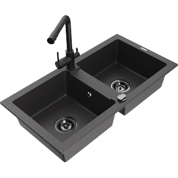 Mexen Mario гранитна мивка с 2 камери с кухненски смесител Duero, черен на пръски - 6504-76-671600-70-B (6504-76-671600-70-B)