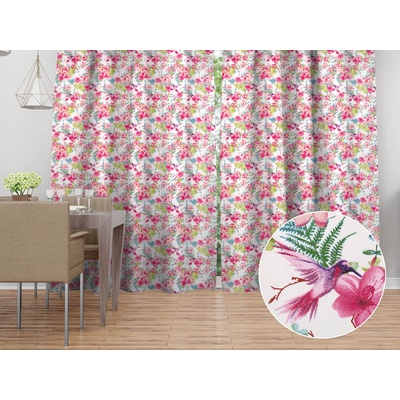 Biante Bavlnený záves Sandra SA-493 Kolibríky s ružovými kvetmi na bielom 150x140 cm