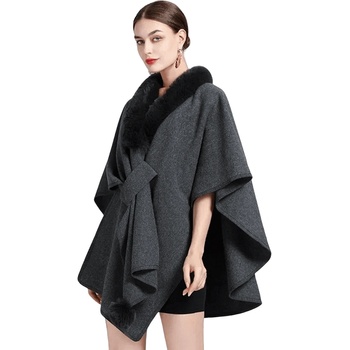 Image 1 of Дамска пелерина в тъмносиво с пухкава яка