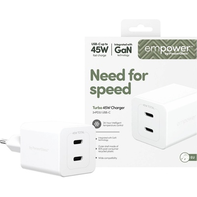 empower by PanzerGlass® Зарядно 220V empower by PanzerGlass Grand Prix Turbo Dual Charger incl. 2 x USB-C 45W EU Plug - Silver White