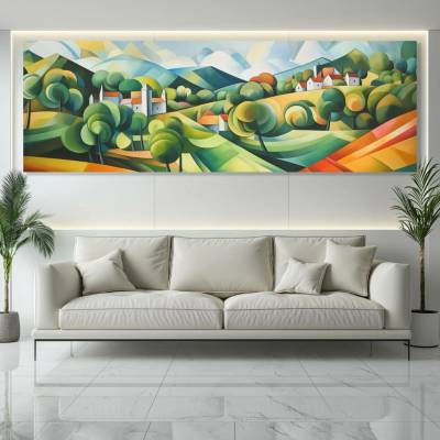 Obraz na plátně - Vesnice v lesní krajině, abstrakce FeelHappy.cz Vyberte rozměr obrazu (šířka x výška): 150 x 50 cm