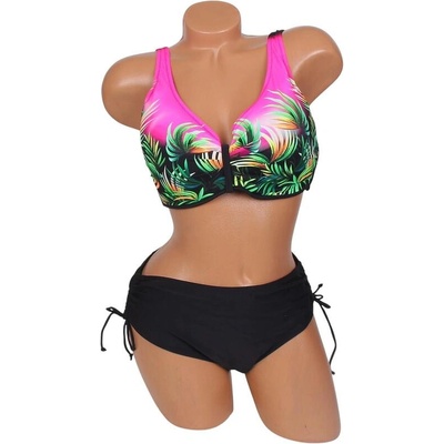 Бански от две части в черно и цикламено с екзотични листа