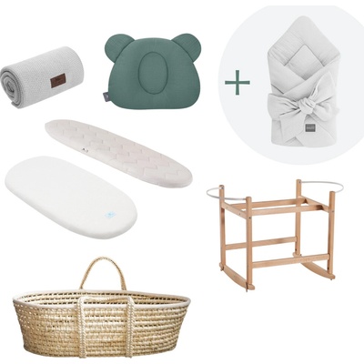 Ahojbaby Mušelínová súprava s košíkom a matracom Ocean green&Grey