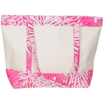 Бежова плажна чанта с розов принт