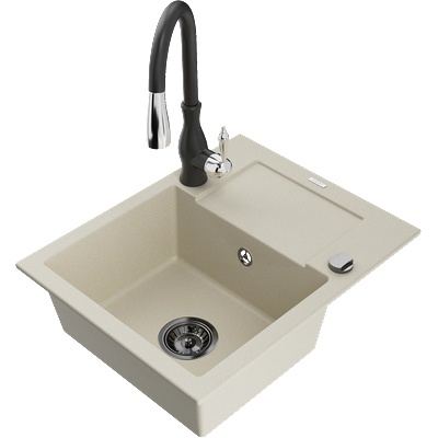 Mexen Enzo гранитна мивка с 1 отделение, сушилня и кухненски смесител Savita, бежов - 6506-69-672601-70 (6506-69-672601-70)