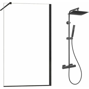 Fluminia Комплект душ кабина Mediterraneo Foxy Walk-In, черна 120x200 см и душ колона Invena Svart, черна (foxy120black+AU-85-004-X)