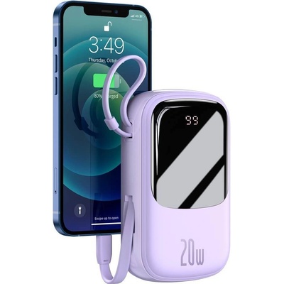 Baseus Qpow Digital Display Power bank with Lightning cable 20W (PPQD-H05) - външна батерия 20000 mAh с вграден Ligtning кабел и USB-C, USB-A и Lightning изходи (лилав)