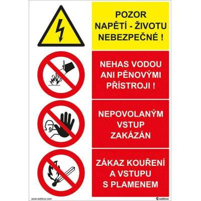Pozor napětí, nehas vodou, Samolepka, formát A4, Samolepicí