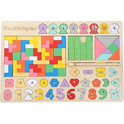 Iskay Montessori Dřevěná vkládačka - ryby, čísla, tangram, tvary, tetris, klotski, 98 ks