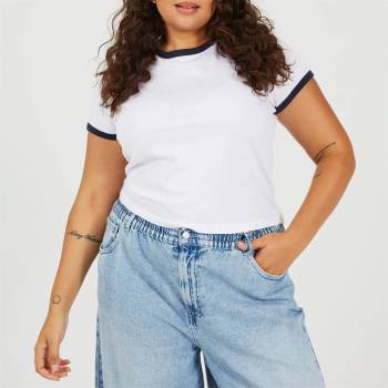 Brave Soul BS Plus Size Short Sleeve T-shit with Contrast Neck and Sleeve Rib - White/Navy
