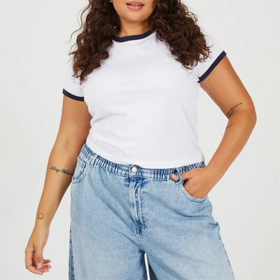 Brave Soul BS Plus Size Short Sleeve T-shit with Contrast Neck and Sleeve Rib - White/Navy