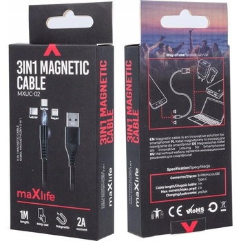 Maxlife MXUC-02 magnetický USB - Lightning + USB-C + microUSB, 2A, 1m, černý