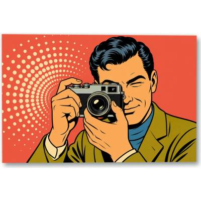 Plakát – Postava s fotoaparátem v komiksové ilustraci Bez rámu Ano Bez rámu 135 × 90 cm