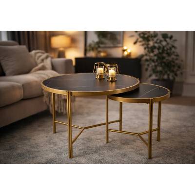 ЕВРОМАР Комплект кръгли холни маси fatima черен мрамор / златно