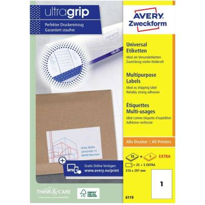 Avery-Zweckform 6119 210 x 297 mm papier biela 30 ks trvalé univerzálne etikety atrament, laser, kópie; 6119
