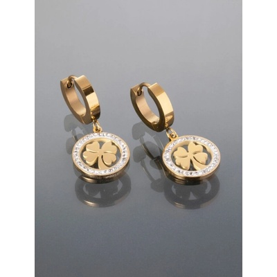 Prosperk Kruhové náušnice z chirurgické oceli zlaté barvy s přívěsky čtyřlístků s krystaly zlatá S1048