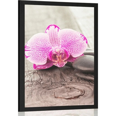 Plakát s paspartou orchidej a Zen kameny na dřevěném podkladu - 40x60 no frame