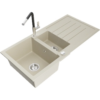 Mexen Andres гранитна мивка с 1, 5 камери с отцедливник и кухненски смесител Flora, бежов - 6515-69-670401-07 (6515-69-670401-07)