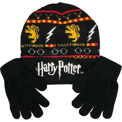dětská zimní čepice a rukavice Harry Potter Nebelvír černý akryl