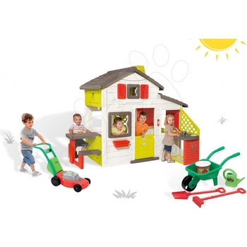 Smoby 8102012 Domček Priateľov s kuchynkou a tečúcou vodou + fúrik set s vedrom náradím a krhlou+kosačka