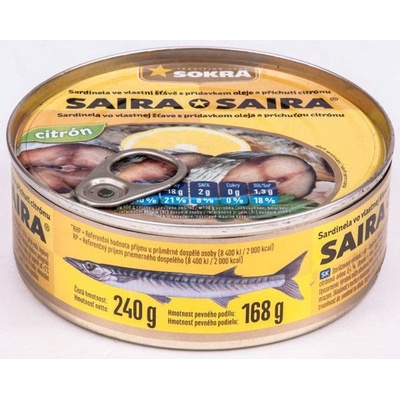 Sokra Saira sardinela ve vlastní šťávě s přídavkem oleje a příchutí citronu - 240 g
