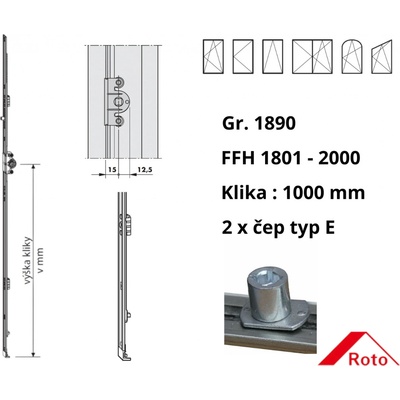 Roto převodová lišta NT konstantní D15 1890 / 1801-2000 x 1000 mm počet čepů / 2 / E 259849