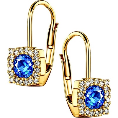 Zlaton Náušnice žluté zlato čtverec visací 1.5cm 1.80g s modrým safírem 0.350ct a diamanty 0.120ct 000242009236