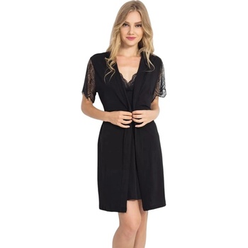 Елегантна нощница с халат в черно с дантела