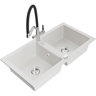Mexen Mario кухненска мивка от гранит с 2 отделения с кухненски смесител Duo, бял - 6504-20-671701-07 (6504-20-671701-07)