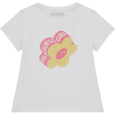 GUESS Бяла тениска с къс ръкав за мини момиче с контрастно цвете и надпис Guess