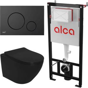 Alcadrain Комплект тоалетно казанче с вградена рамка Alca AM101/1120 и матово черен капак M678 плюс тоалетна чиния Rea Carlo Mini с капак с плавно затваряне (AM101/1120+M678+5902557355921)
