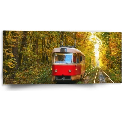 Sablio Obraz Červená električka v lese - 110x50 cm
